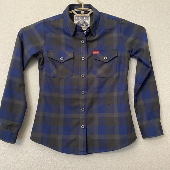 Dixxon Flannel Shirt Womens Small Roughneck Blue Gray Plaid Long Sleeve Button - Picture 1 of 10